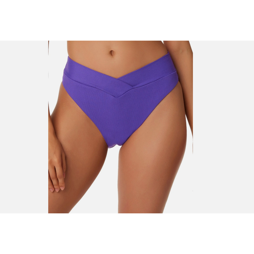 Bar III HIBISCUS Micro Rib V-Waist Bikini Bottom Swimwear Purple Size L 14797